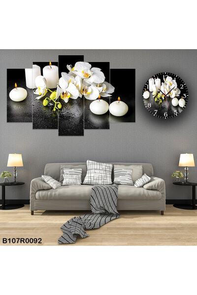 A2ZTR Parçalı Ahşap Duvar Tablo 5 Parça Set Ve Saatli