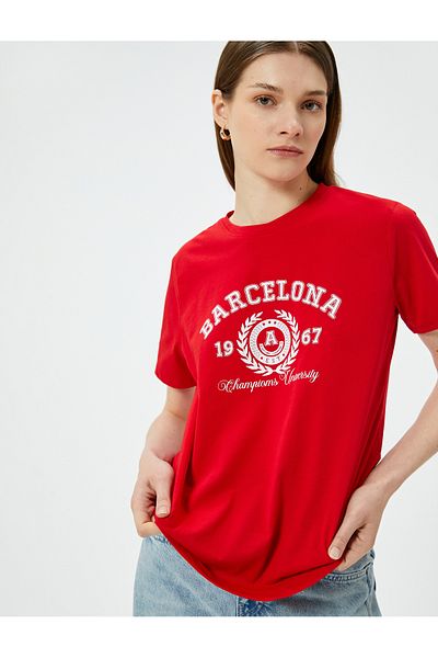 Koton Crew Neck Printed Cotton T-Shirt - Short Sleeve, Standard Fit