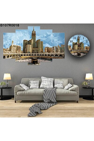 A2ZTR Büyüleyici Kabe Manzarası Dini 6 Parçalı Dekoratif Duvar Tablo+saat Set