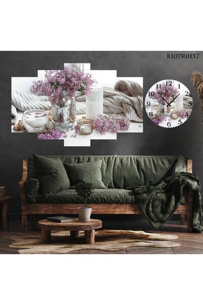 Değerli Parçalı Ahşap Duvar Tablo 5 Parça Set Ve Saatli