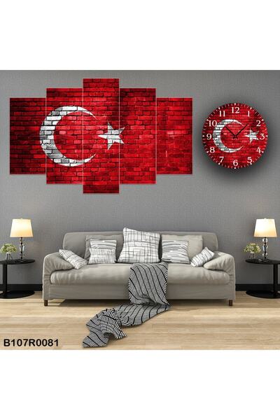 A2ZTR Türkiye Bayrağı Parçalı Ahşap Duvar Tablo 5 Parça Set Ve Saatli