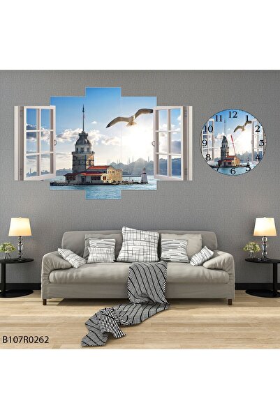 Değerli Parçalı Ahşap Duvar Tablo 5 Parça Set Ve Saatli