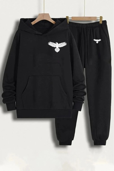 Elfa Tekstil Unisex Eagle μπροστινή στάμπα με κουκούλα Oversizes Μαύρη φόρμα