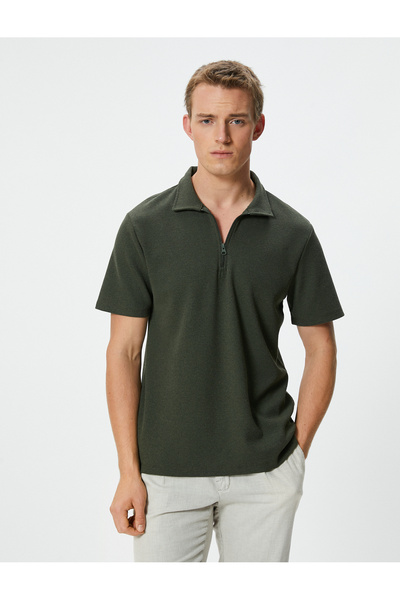 Koton Μπλουζάκι πόλο με μισό φερμουάρ με κοντό μανίκι ανάγλυφο