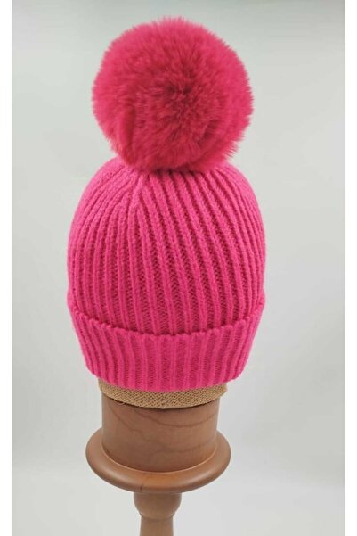 OnMyHead Fuchsia Braided Folded Pompom Beanie