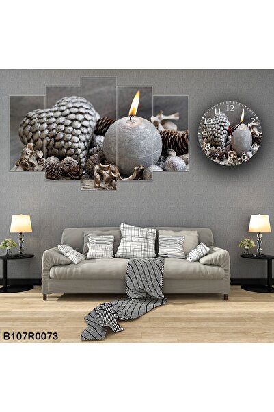 A2ZTR Parçalı Mum Duvar Tablo 5parça Set Ve Saatli