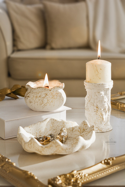 ersustore Altın Varak Efektli Ev Dekorasyon Obje Organizatör Heykel Özel Tasarım Soya Mum Seti