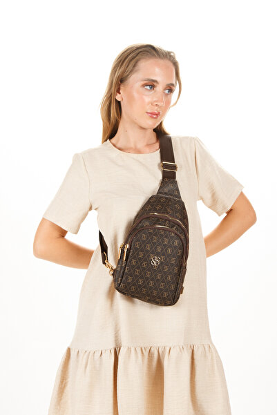 Newish Women's Brown Patterned Cross Shoulder and Waist Bag