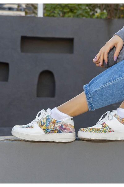 Dogo Pantofi albi din piele vegană de damă - design mozaic
