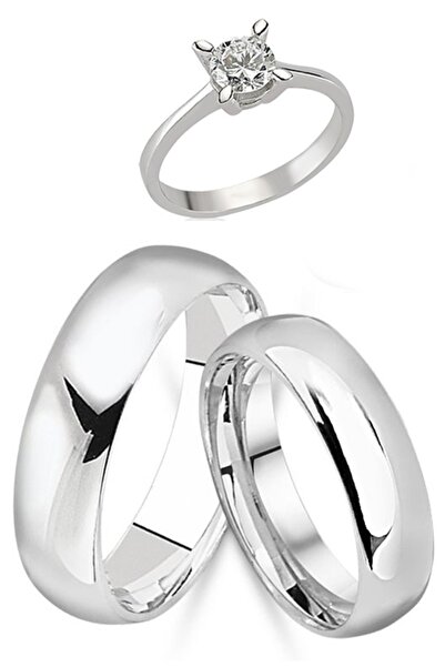 Takı Dükkanı Kişiye Özel İsim Tarih Yazılı 6mm Gümüş Çift Alyans Söz Nişan Yüzüğü Ve Tektaş Yüzük Wr20y