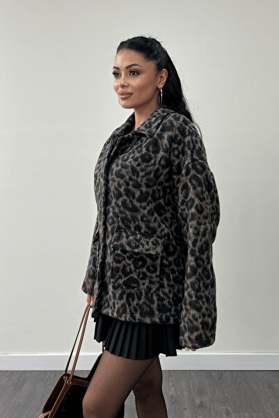 giyimmasalı Leopard Patterned Stitched Fabric Coat - Brown