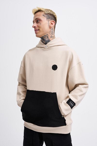 Machinist Men's Contrast Patchwork Light Beige Hoodie
