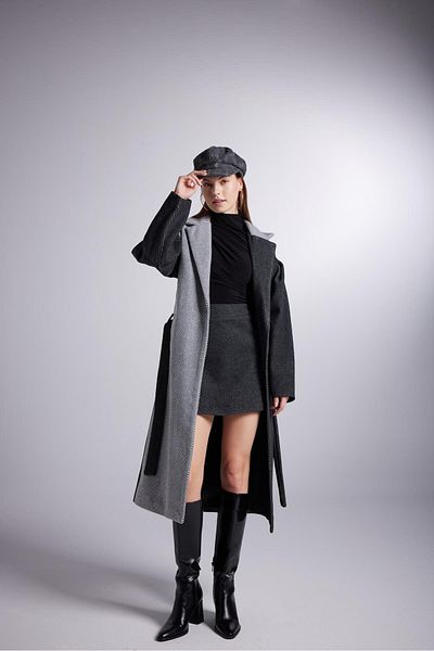 HOLLY LOLLY Belted Single Button Double Color Long Cuff Mira Coat Black