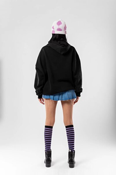 Sekizbiraltı Thrasher Flam Printed Oversize Unisex Black Hoodie