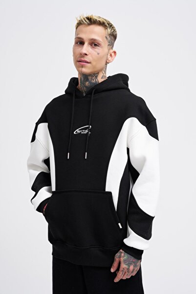 Machinist Men's Embroidered and Pieced Black Ecru Hoodie