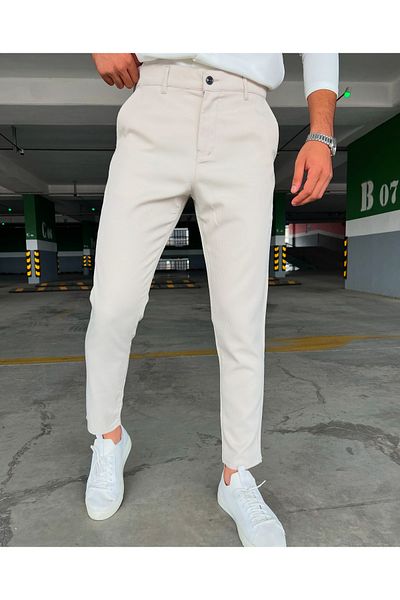 moda biz Ανδρικό υφασμάτινο παντελόνι με κρέμα με ριγέ μοτίβο Slimfit Flexible Lycra, ποιοτικό ύφασμα μέχρι τον αστράγαλο