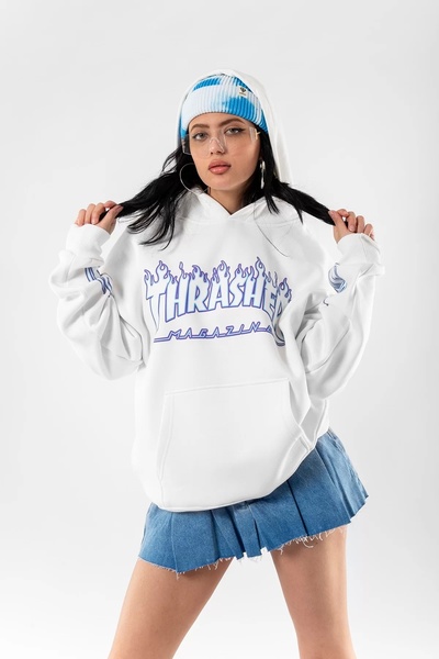 Sekizbiraltı Thrasher Flam Printed Oversize Unisex White Hoodie