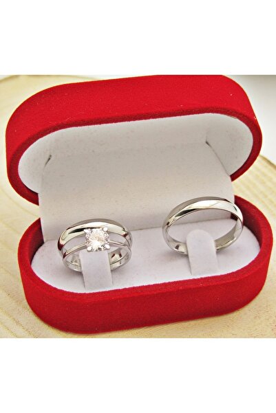 Takı Dükkanı Kişiye Özel İsim Tarih Yazılı 4mm Gümüş Alyans Çifti Söz Nişan Yüzüğü ve Tektaş Yüzük Wr22y