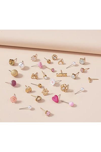 Sonic 30 Pairs of Elegant Nails Earrings Pink Pearl Love Flower Leaf Design Women Gift