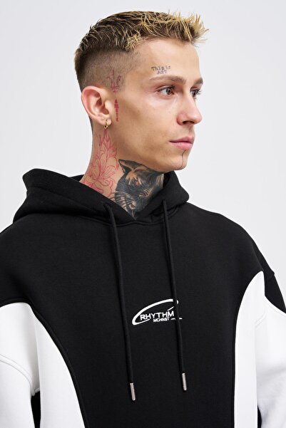 Machinist Men's Embroidered and Pieced Black Ecru Hoodie