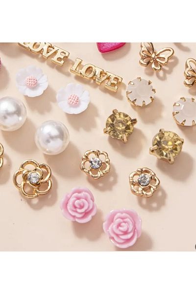 Sonic 30 Pairs of Elegant Nails Earrings Pink Pearl Love Flower Leaf Design Women Gift