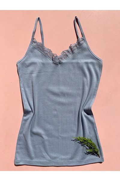 LEYNA BUTİK Lace 4-Piece Rope Strap Cotton Ribbed Lycra Pink, Ecru, Green and Blue Women's Undershirt
