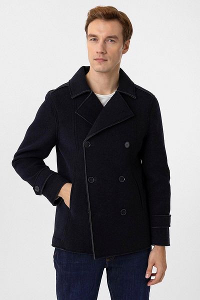 SÜVARİ Ανδρικό παλτό Süvari Slim Fit Διπλό Στρατό Navy Blue Stretchy Wool Fabric