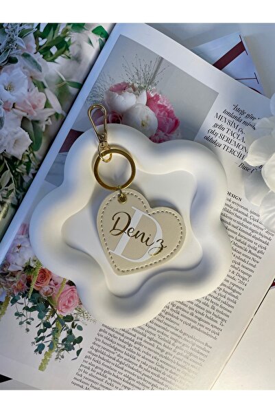 Zenan Design Kişiye Özel Isimli Krem Renkli Deri Anahtarlık