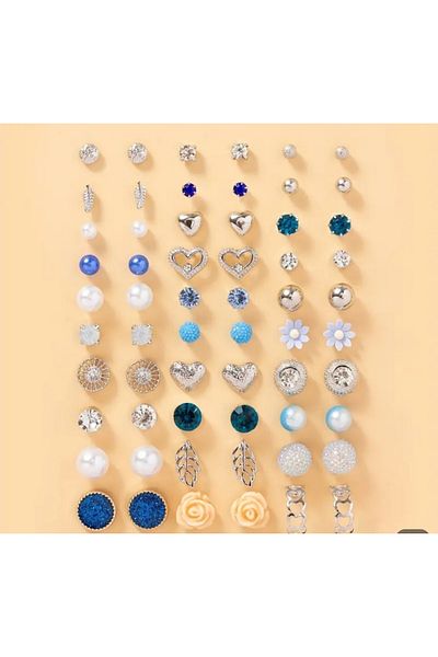 Sonic 30 Pairs Elegant Nails Earrings Blue Pearl Love Flower Leaf Design Women's Gift