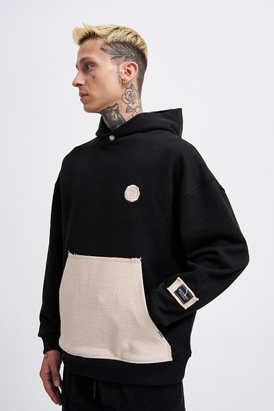 Machinist Mens Contrast Patchwork Black Hoodie
