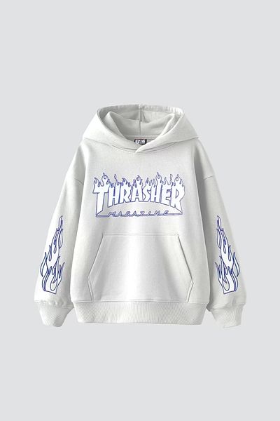 Sekizbiraltı Thrasher Flam Printed Oversize Unisex White Hoodie