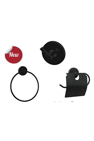 Maxiflow Siyah 3'lü Banyo Aksesuar Seti Siyah Yuvarlak Havluluk, Bornoz Askis...