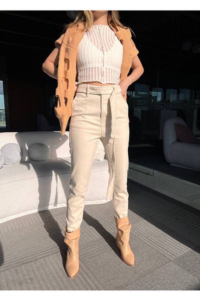 TamSeninTarzin Pantaloni din denim cu buzunare laterale Olivia cu detaliu plisat și curea cu talie înaltă