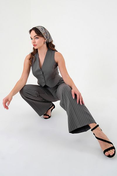 Hazel Gray Striped Women's Vest and Trousers Set