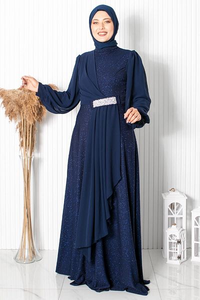 SUBU TASARIM Navy Blue Şehrazat Evening Dress - Tbs884