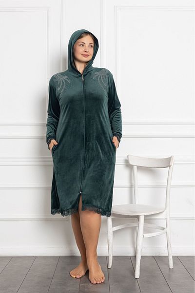Lady Lingerie Φόρεμα μεγάλου μεγέθους βελούδινο πράσινο με κουκούλα με φερμουάρ μίντι