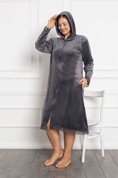 Lady Lingerie Φόρεμα μεγάλου μεγέθους βελούδινο γκρι με κουκούλα με φερμουάρ μεσαίου μήκους