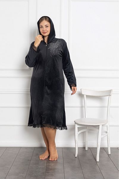 Lady Lingerie Φόρεμα μεγάλου μεγέθους βελούδινο μαύρο με κουκούλα με φερμουάρ μεσαίου μήκους