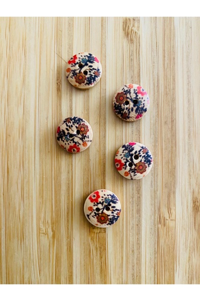 Kartopu لوحة نمط الخشخاش زر خشبي طبيعي 15 ملم. 5 عبوات. النمس.