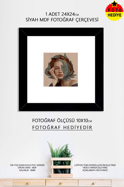 yhfoto 1 Adet 24x24 cm Siyah Fotoğraf Çerçevesi - 10x10 Foto Hediye - Mdf Çer...