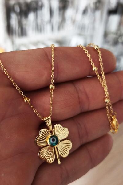 OSMANLI GÜMÜŞ Gold Kaplama Altın Renk Top Zincir Nazar Boncuklu Yonca Bijuter...