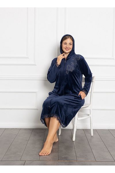 Lady Lingerie Φόρεμα μεγάλου μεγέθους Velvet Navy Blue με κουκούλα με φερμουάρ μεσαίου μήκους