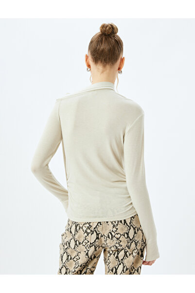 Koton Long Sleeve Asymmetrical Neck Tie Detail Slim Fit T-Shirt