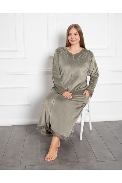 Lady Lingerie Plus Size Velvet Green Zipper Maxi Length Dress