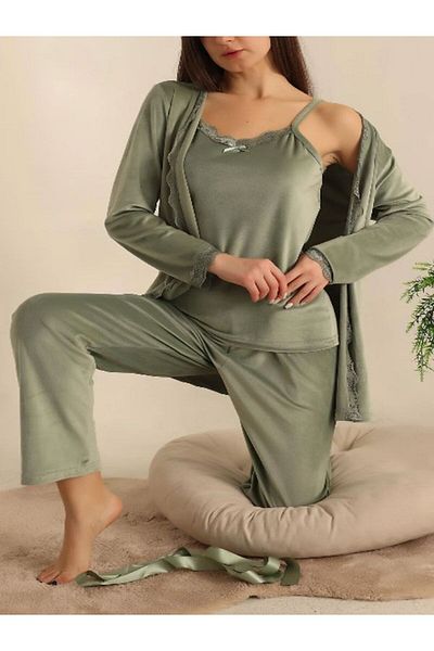 Pijamoni Γυναικείο Πράσινο Βελούδινο Σετ Πυτζάμες 3 τεμαχίων