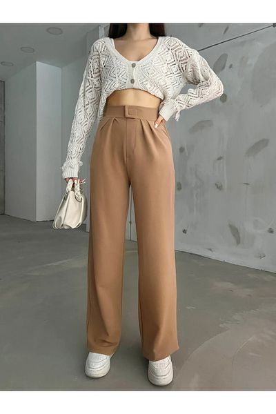 Fav Style Women's High Waist Pleated Palazzo Pants Camel