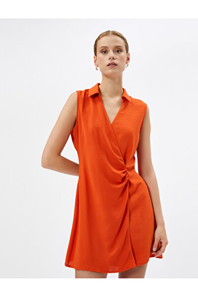 Koton Μίνι Πλισέ Πουκάμισο Φόρεμα Δραπέ με Διπλό Στήθος Αμάνικο