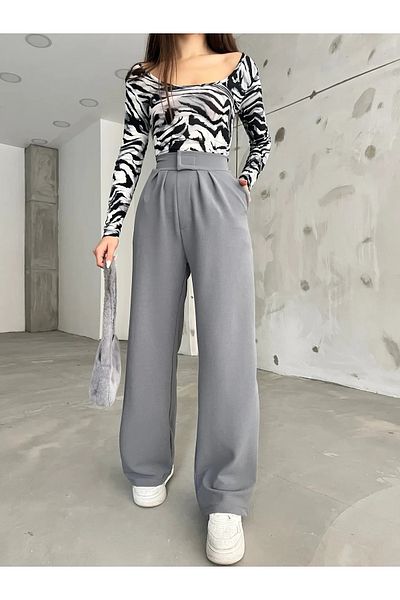 Fav Style Women's High Waist Pleated Palazzo Trousers Gray