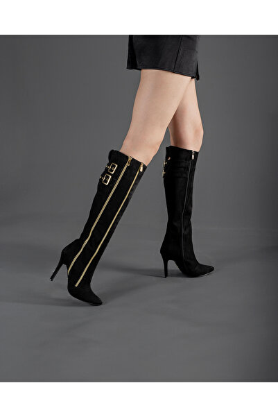 AYAKKABI PRENSİ Shay Buckle and Zipper Detailed Black Suede Black Suede 10 cm Women's Boots, Heeled Boots