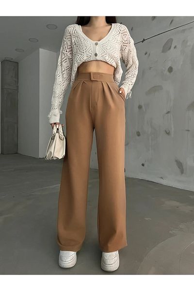 Fav Style Women's High Waist Pleated Palazzo Pants Camel